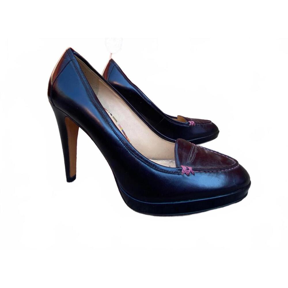 Paul Smith Black Leather High Heel Loafer Style Pump w Purple thread detail
